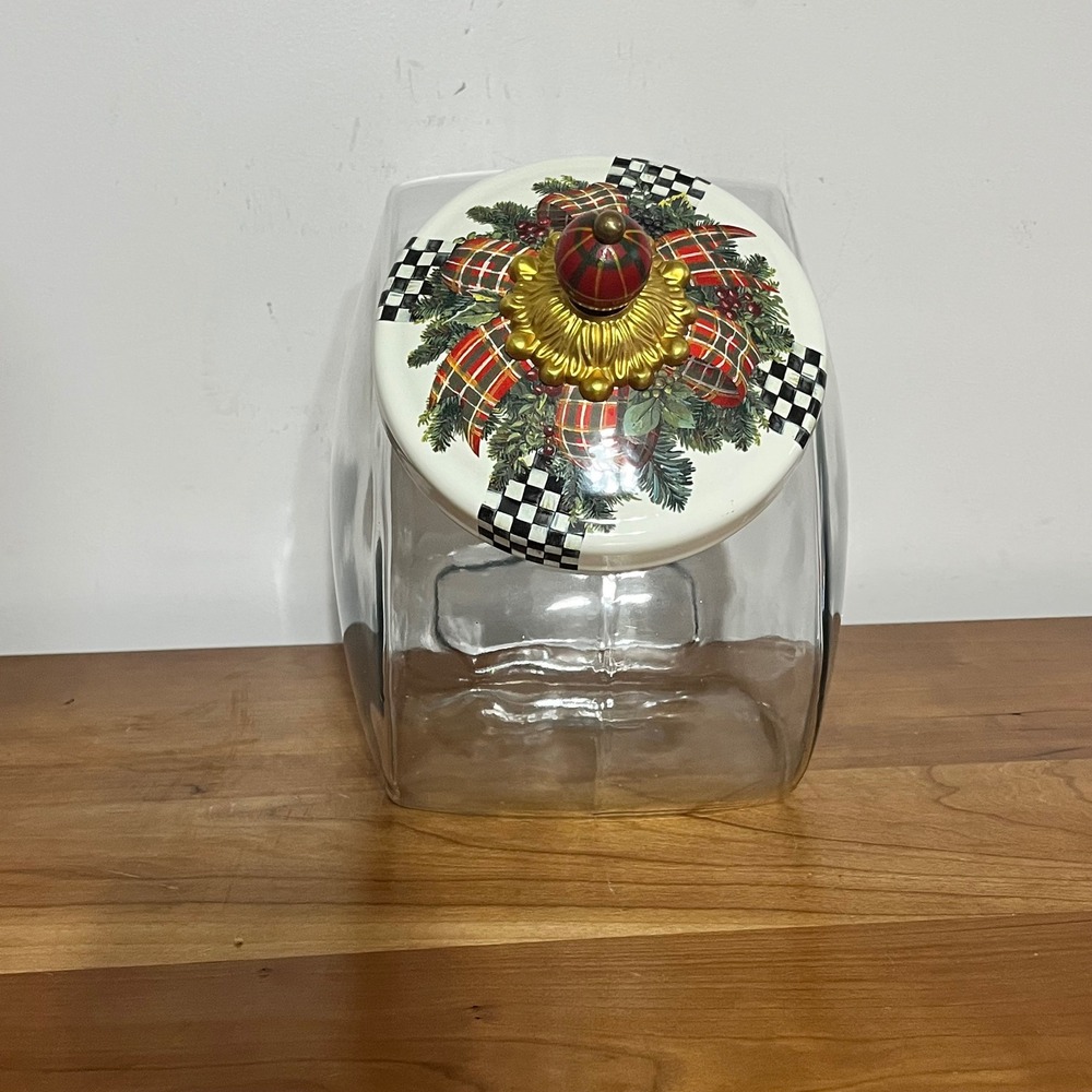 Mackenzie-Childs Evergreen Glass Cookie Jar Holiday Courtly Check Lid Finial